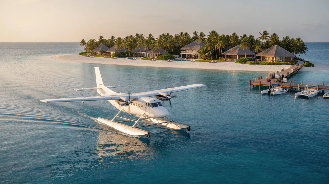 An amphibious aircraft, resembling a flying boat, is gracefully landing on calm blue water near a private island resort, showcasing its unique ability to operate on both water and traditional runways. The serene scene highlights the aircraft's wings and floats as it prepares for a smooth water landing, surrounded by a picturesque coastal setting.