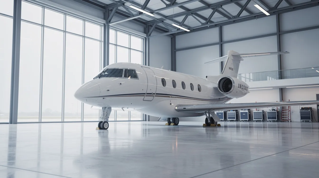 A sleek private jet is parked inside a bright, modern hangar, showcasing the luxurious interiors and efficient maintenance facilities designed for private aviation. The hangar space offers climate control and protection for this valuable asset, ensuring it's flight-ready for the next journey.