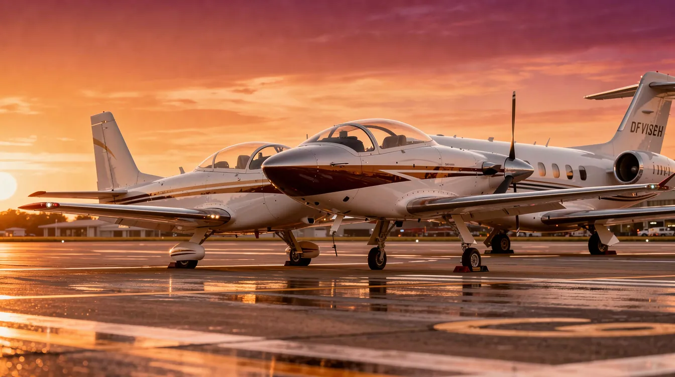 A sleek aerobatic aircraft is parked next to a private jet, both silhouetted against a vibrant sunset. The scene captures the quality and elegance of these aircraft, ideal for those looking to purchase or sell planes in the current market.