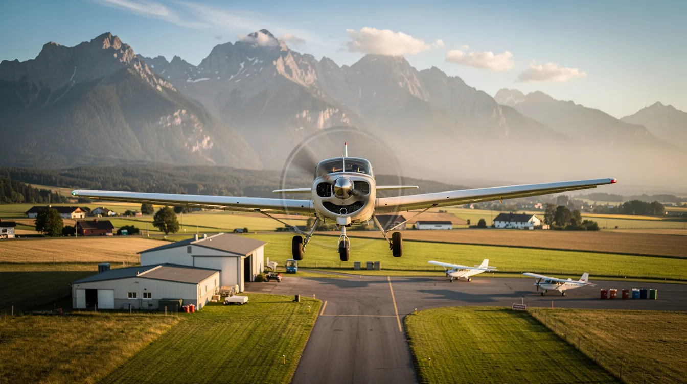 A small aircraft with sleek wings is soaring over a rural airfield, set against a backdrop of majestic mountains. This picturesque flight scene captures the essence of quality aviation, perfect for those looking to purchase or sell aircraft in the market.