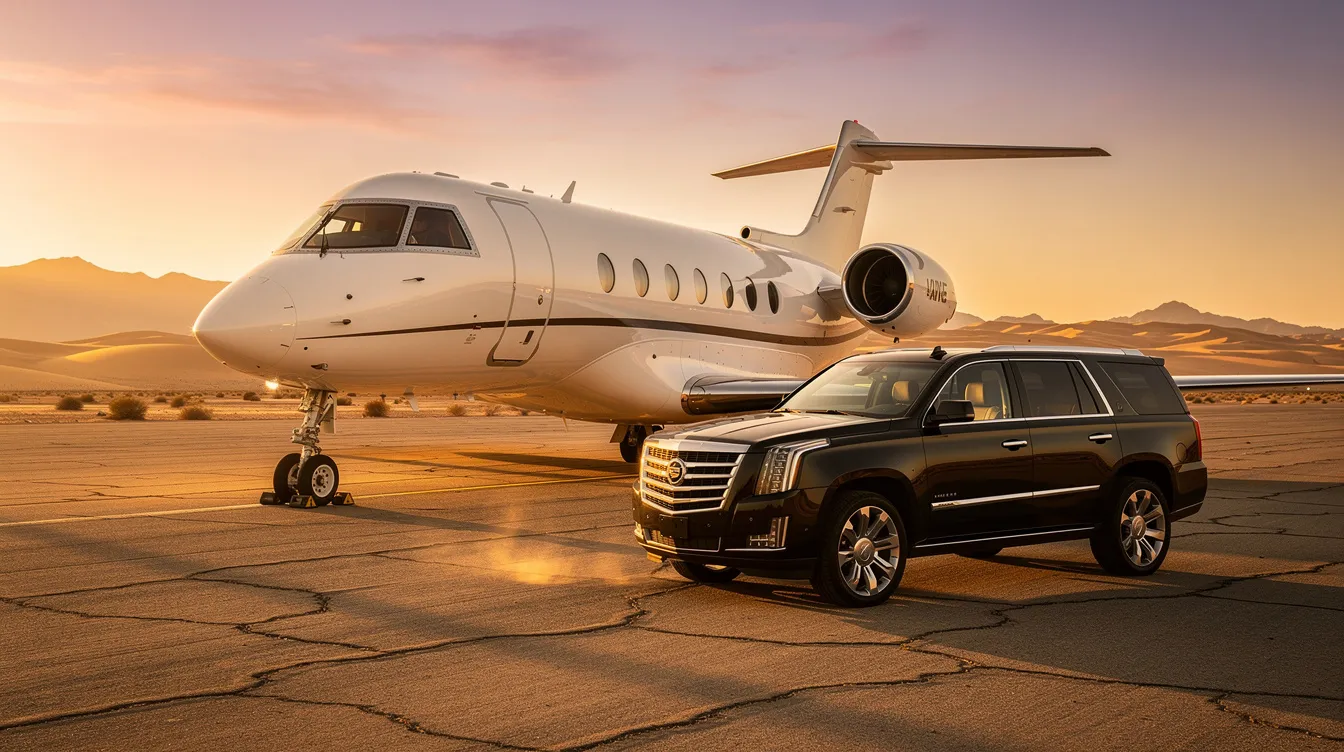 A private jet is parked on a desert runway at sunset, casting a warm glow over the scene, with a luxury vehicle nearby. This image captures the essence of private aviation, highlighting the convenience of private jet charters for travelers flying from Phoenix to Las Vegas.