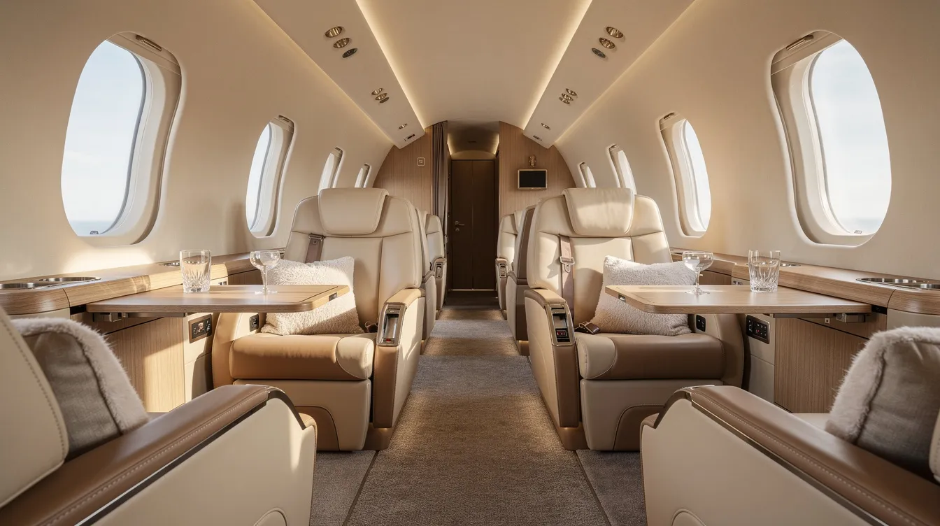 The image depicts an elegant jet cabin featuring luxurious leather seats bathed in soft natural light, creating a serene and inviting atmosphere for passengers. This refined interior exemplifies the comfort and style often associated with ultralight aviation and light sport aircraft.