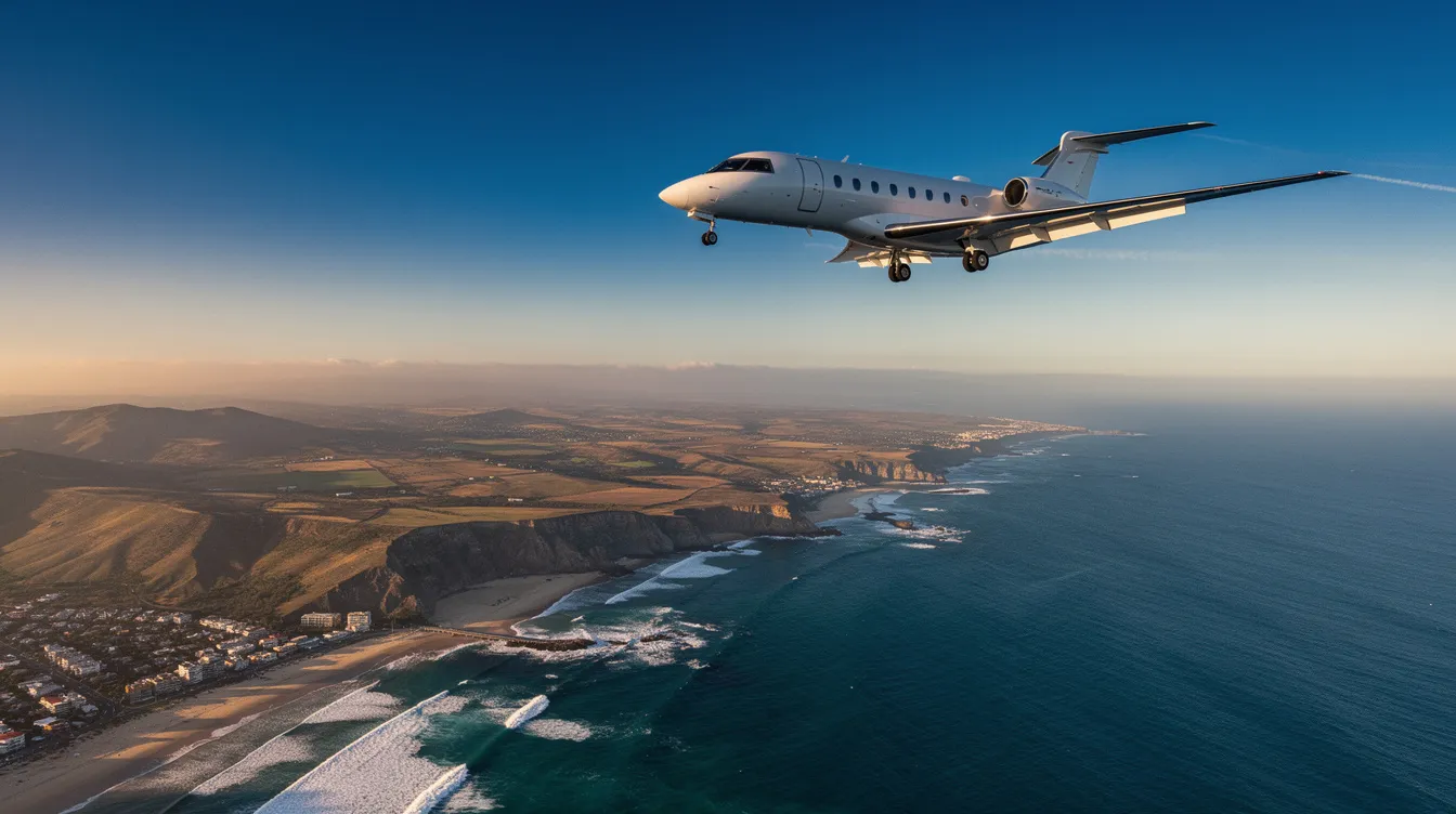 A small ultralight jet plane climbs through a clear blue sky, soaring above a picturesque coastal landscape. The scene captures the essence of freedom and adventure in aviation, showcasing the beauty of flight.