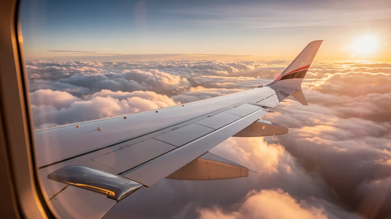 The image captures the wing of a business jet soaring above a sea of fluffy clouds during the golden hour, bathed in warm, golden light. This scene exemplifies the elegance and adventure of private aviation, highlighting the luxurious experience offered by trusted private aviation providers.