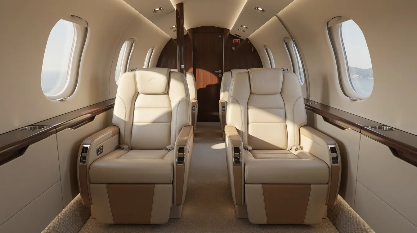 The image depicts a luxurious aircraft cabin featuring plush leather seats bathed in soft natural light, creating an inviting atmosphere for travelers. This elegant space exemplifies the high-end experience one might find in jet shops or stores, ideal for families and individuals seeking comfort during their flights.