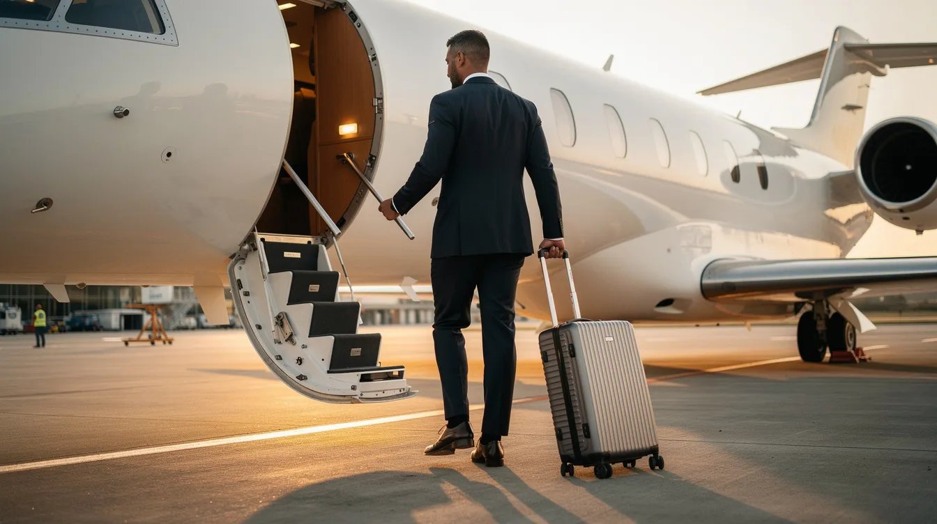 An executive traveler is seen boarding a private jet, carrying stylish luggage, as they prepare for a journey to destinations like Cape Town or Johannesburg. The scene captures the essence of luxury travel, highlighting the convenience and exclusivity of private aircraft access.