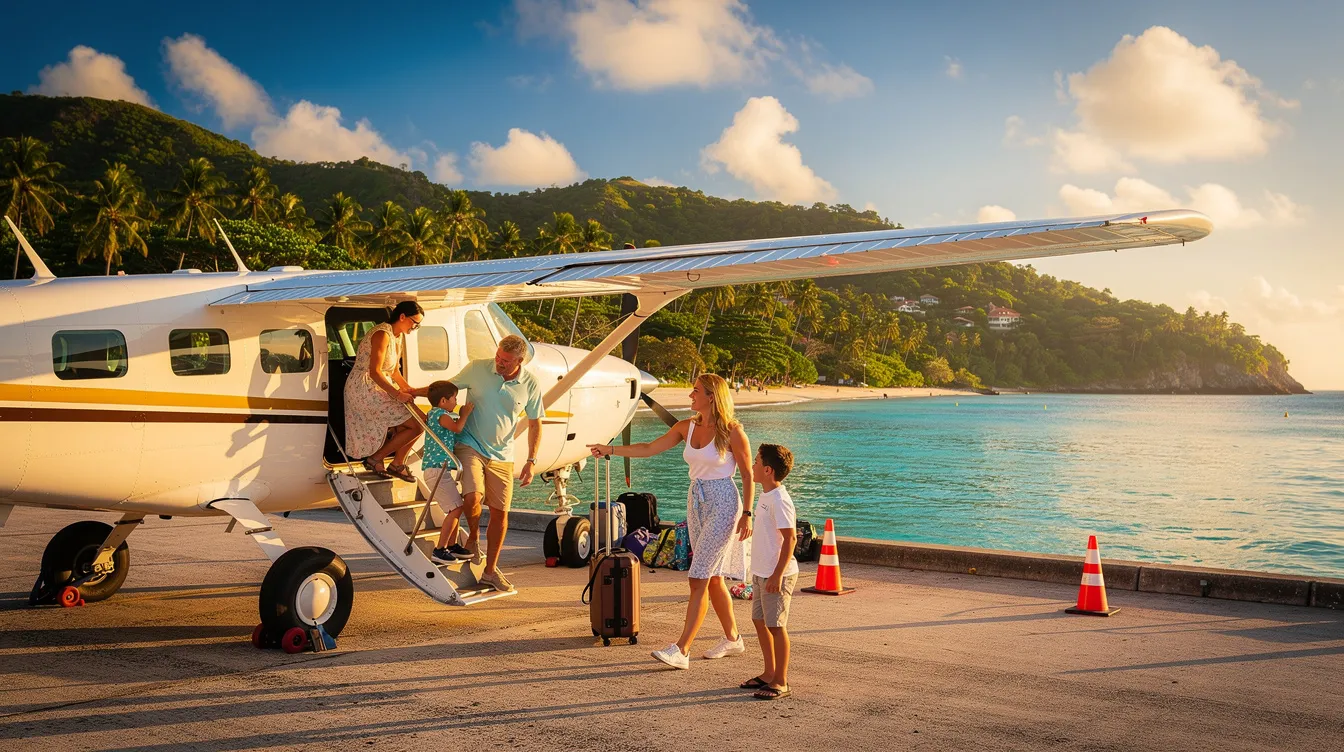 A family is boarding a small aircraft near a clear tropical bay, surrounded by the natural beauty of the Philippines. The scene captures the excitement of flying privately, with the vibrant blue waters and pristine beaches in the background, highlighting the seamless travel experience offered by private jet charter flights.