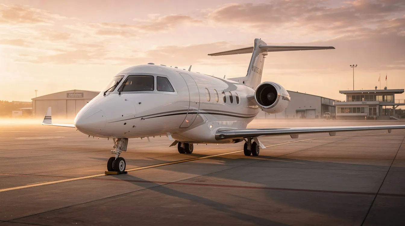 A sleek private jet is parked on a quiet executive airport ramp, bathed in the warm glow of sunrise. The tranquil setting highlights the luxury of private aviation, making it an ideal scene for those considering jet card programs or fractional ownership options.