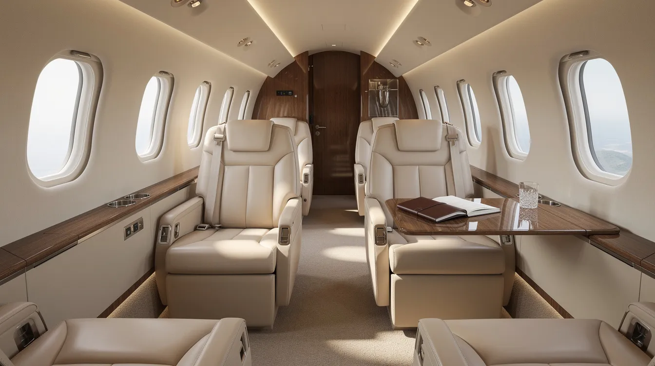 The image depicts the luxurious interior of a large cabin private jet, featuring wide leather seats and bathed in soft natural light, creating an inviting and comfortable atmosphere for private aviation travelers. This elegant space highlights the premium experience offered by private jet companies, making it ideal for those seeking a refined travel solution.