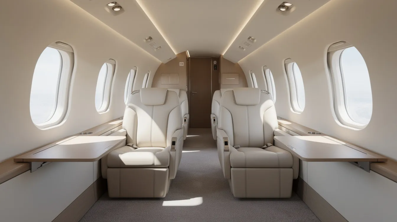 The image depicts a luxurious private jet cabin featuring wide leather seats and soft natural light streaming through oval windows, creating an inviting atmosphere for private jet travel. This elegant space is designed for comfort and convenience, ideal for passengers embarking on international travel or charter flights.