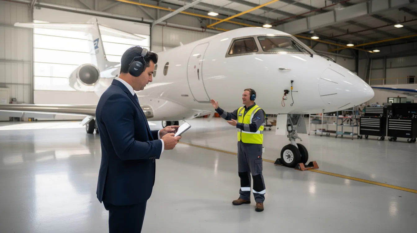 An aircraft broker is inspecting the exterior of a private jet alongside a maintenance professional inside a spacious hangar, showcasing their expertise in aircraft sales and the aviation industry. This scene highlights the collaborative efforts essential for successful aircraft brokerage and ensuring client satisfaction.