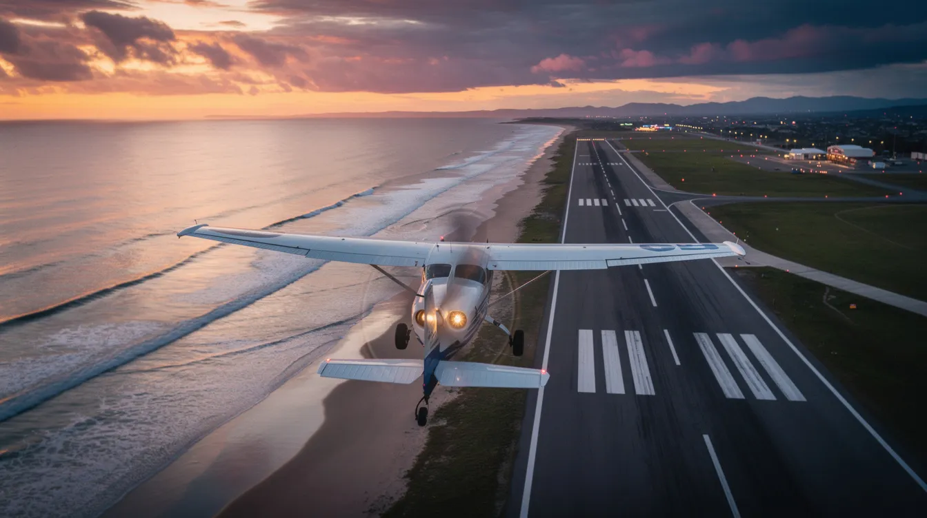 A light aircraft, possibly a Cessna Skyhawk, is flying gracefully over a coastal runway at sunset, with vibrant orange and pink hues illuminating the sky. The lightweight aircraft showcases its retractable landing gear as it prepares for a smooth landing, emphasizing its role in general aviation and flight training.