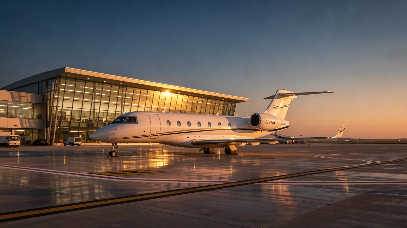 A sleek black private jet is parked near a modern terminal, set against a clear evening sky. The scene highlights the luxury of private aviation, showcasing the aircraft's cutting-edge technology and elegance.