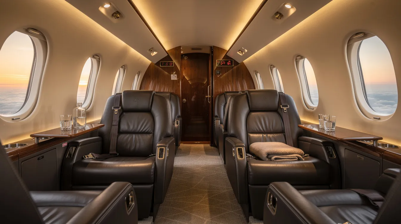 The image depicts the luxurious interior of a private jet cabin, featuring plush dark leather seating and ambient warm LED lighting that enhances the sophisticated atmosphere. This elegant space exemplifies the comfort and personal touch of private aviation, inviting passengers to relax and enjoy their journey.