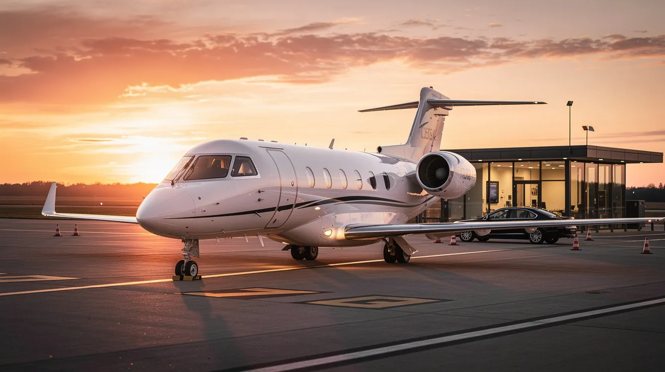 A sleek private jet is parked near a quiet executive terminal, bathed in the warm hues of sunset, highlighting the luxury of private aviation. This scene captures the essence of private jet travel, offering a serene atmosphere away from commercial flights.