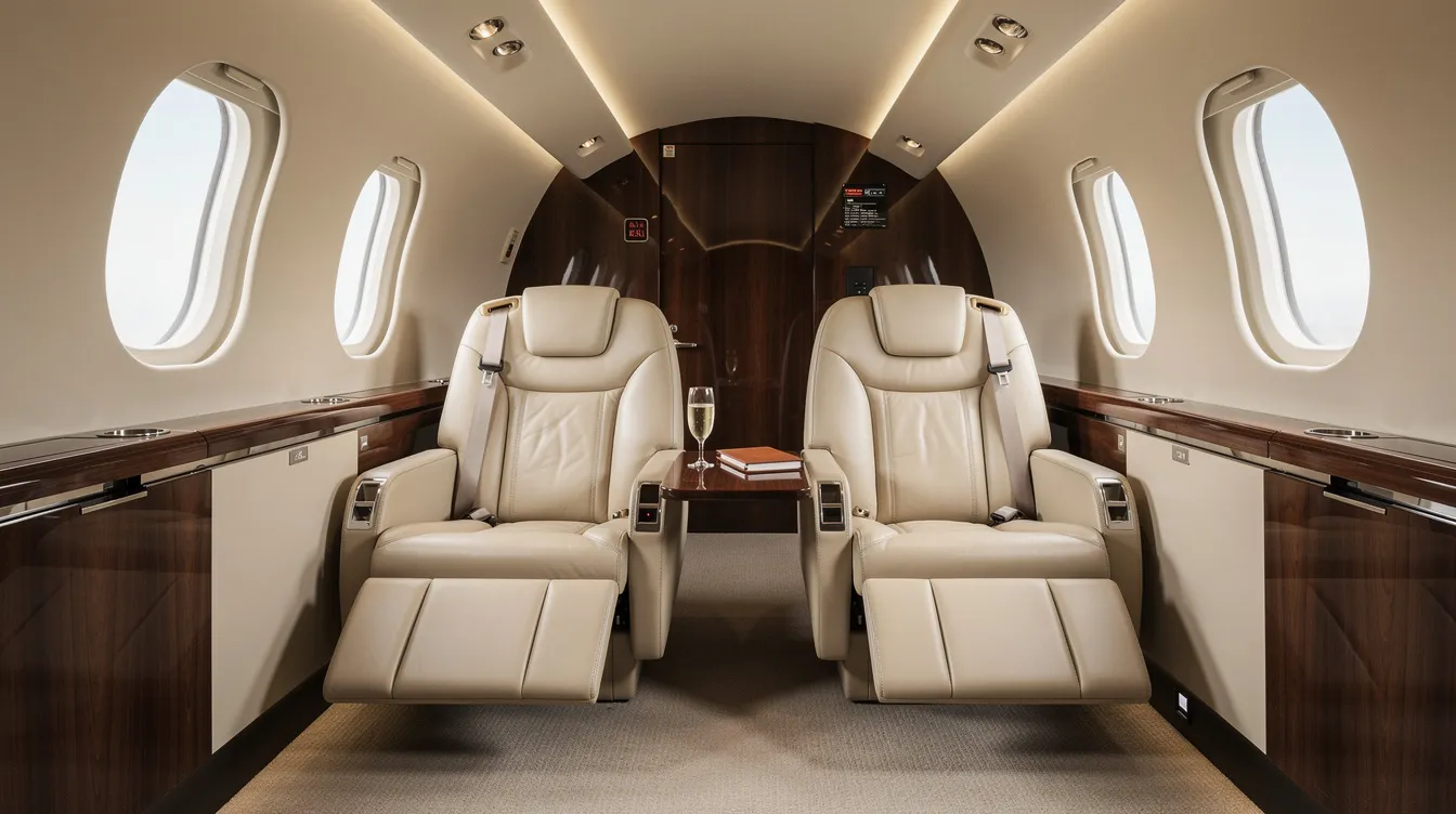 The image depicts a luxurious private aircraft cabin featuring plush leather seats and large windows that offer stunning views. This elegant interior is designed for comfort and style, ideal for private jet travel and charter flights.