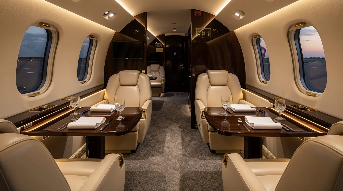 The image depicts a luxurious private jet cabin, featuring polished leather seats arranged comfortably for passengers, complemented by soft ambient lighting that enhances the elegant atmosphere. The cabin is meticulously prepared for departure, showcasing the high standards of service that flight attendants uphold in ensuring a premium flying experience.