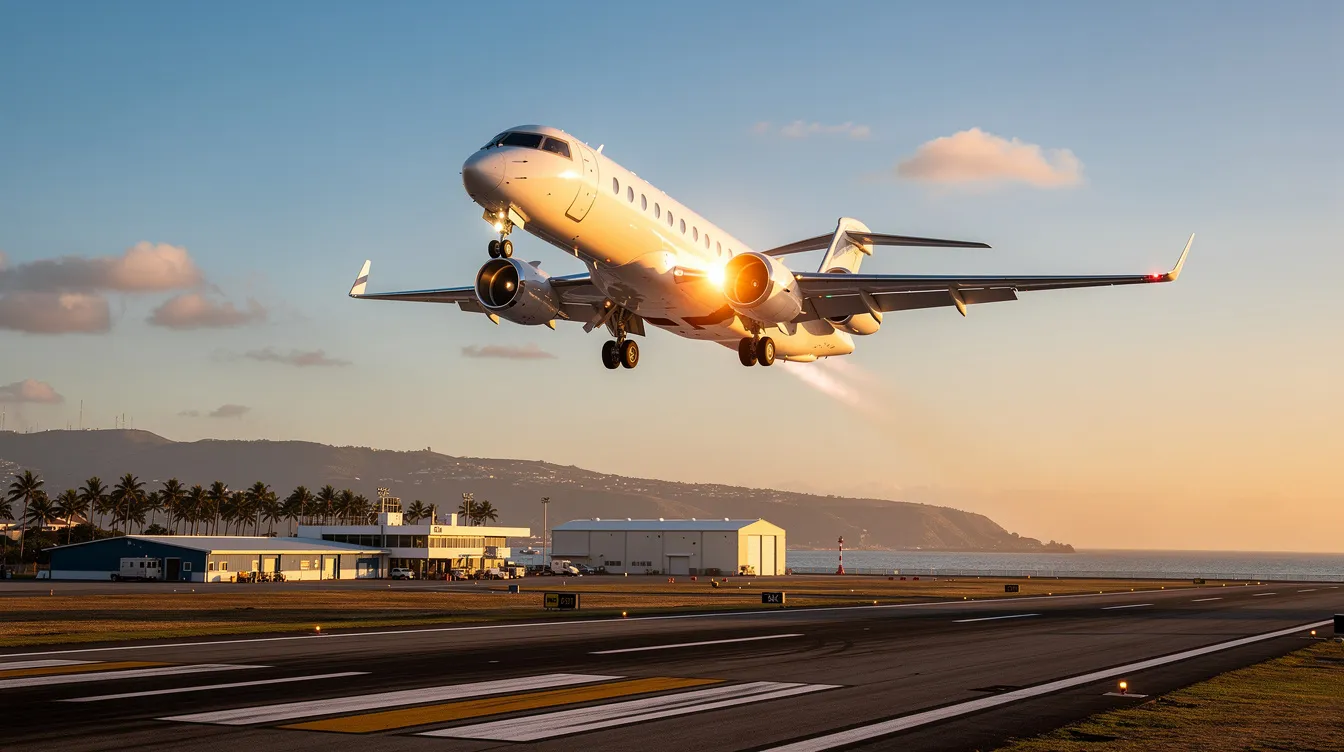 A private jet is taking off above a coastal airport, with the ocean visible in the background, showcasing the beauty of private aviation. This scene highlights the luxury of private jet charter services, often utilized by business travelers for efficient air travel.