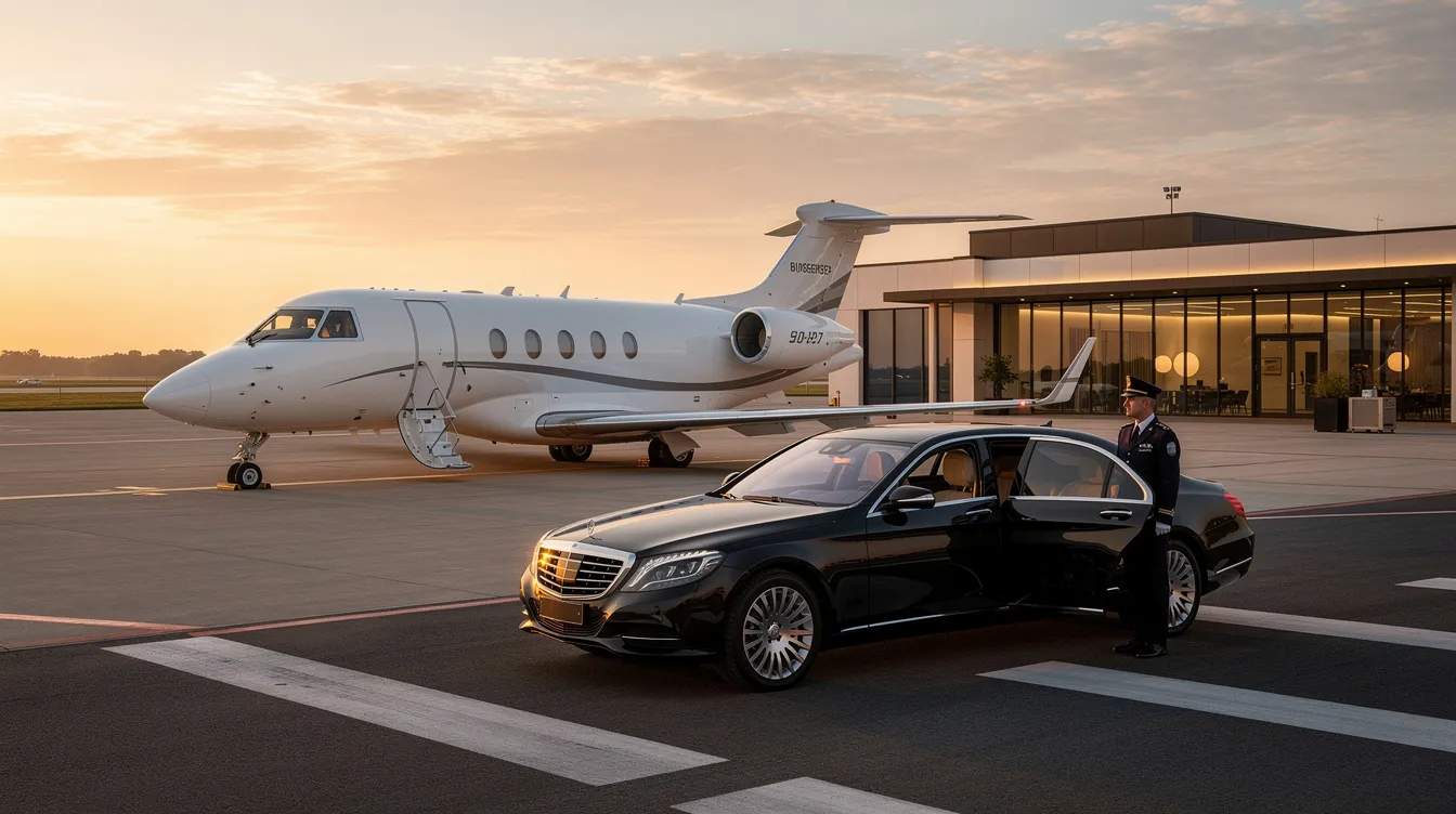 A private jet is parked near a quiet executive terminal, with a luxury limousine waiting nearby. The scene conveys a sense of comfort and exclusivity, highlighting the sleek design of the jet and the elegant vehicle ready to transport its passengers.