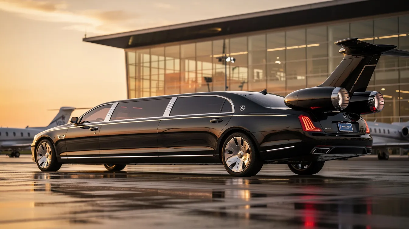 The image features a unique "limo jet," a street legal vehicle that combines the luxurious design of a limousine with the fuselage of a Learjet, complete with jet engines and a refreshment center inside. The spacious interior offers plenty of seating, allowing passengers to enjoy a comfortable ride while being surrounded by stylish screens and high-quality speakers.