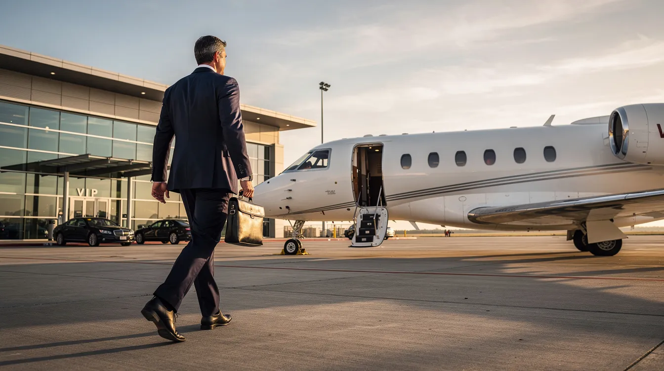 An executive, identified as Tom Smith, is walking toward a private jet parked near a quiet VIP terminal, likely preparing for air travel to a destination such as Cabo San Lucas or Scottsdale, Arizona. The scene reflects the luxury of private aviation and the exclusive service operations available for high-end customers.