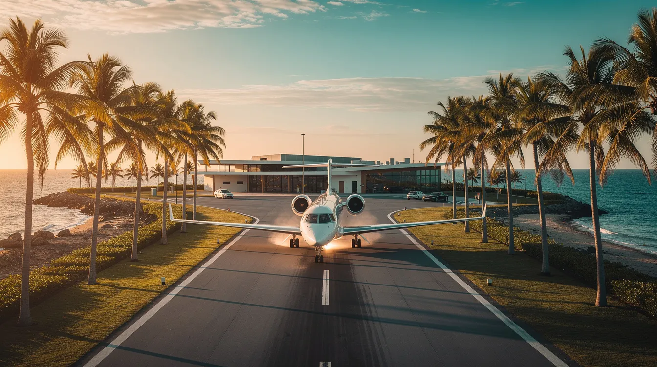 A private jet descends towards the runway of Naples Municipal Airport, framed by lush palm trees that embody the tropical charm of Naples, FL. This image captures the essence of luxury private air travel, showcasing the exceptional airport experience that visitors to the Paradise Coast can expect.