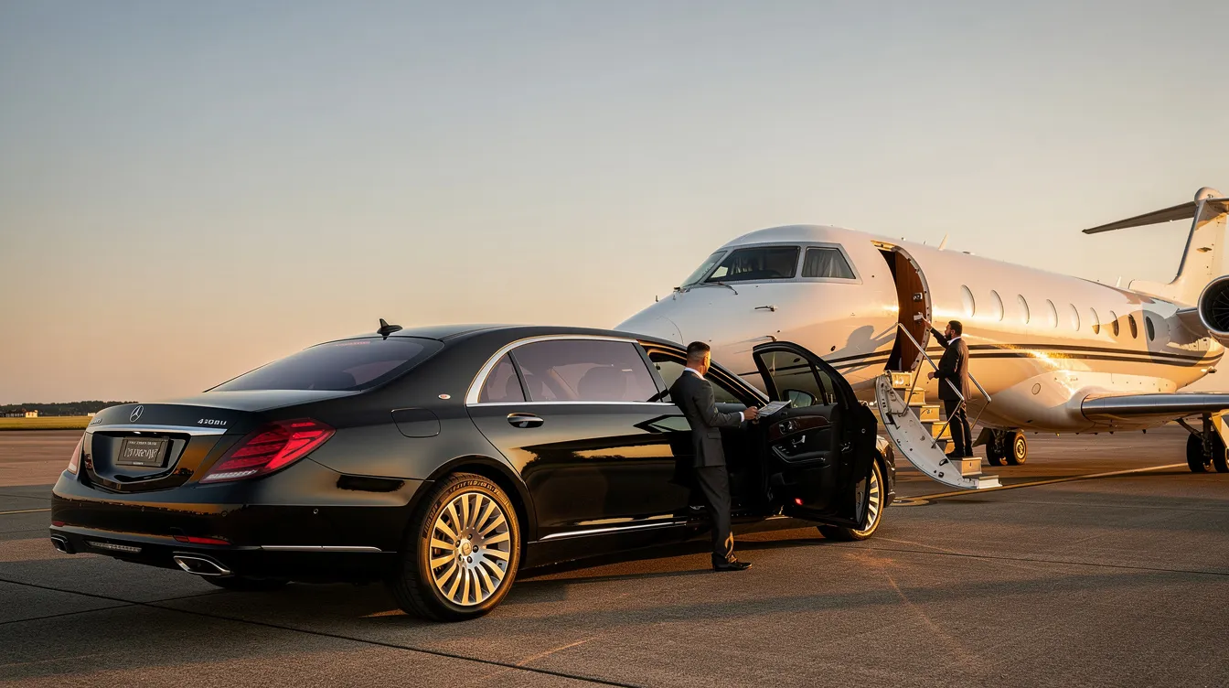 A luxurious chauffeured vehicle is parked beside a private aircraft at Naples Municipal Airport, showcasing the seamless blend of private air travel and exceptional airport experience in Naples, FL. The scene reflects the high-quality aviation services available to passengers on the Paradise Coast.