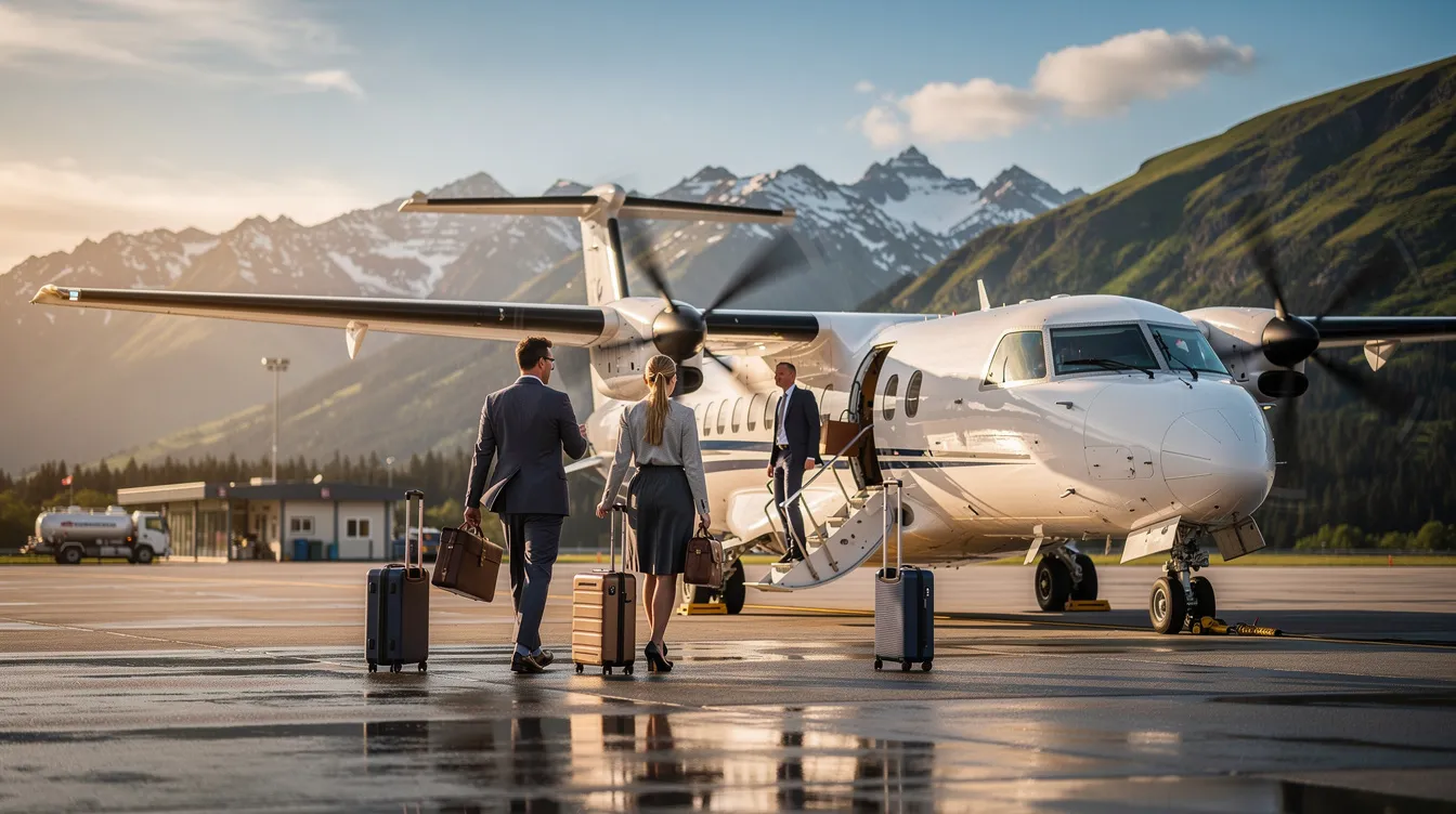 A group of executive travelers is boarding a modern turboprop aircraft at a mountain airfield, surrounded by scenic mountainous terrain. The aircraft, featuring a turboprop engine, is designed for efficient regional flights and is ideal for accessing remote airports.