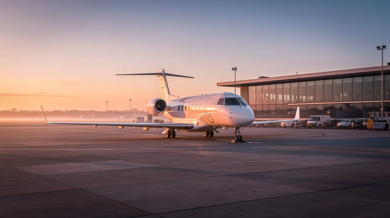 A sleek private jet is parked at a quiet executive terminal, bathed in the warm light of sunrise. This scene captures the essence of private jet ownership, highlighting the peacefulness and accessibility of smaller airports for travelers seeking comfort and freedom in their flights.