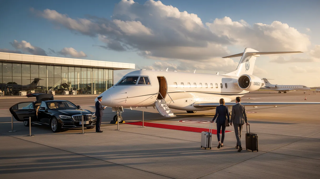 The image depicts a sleek private jet on a tarmac, highlighting the luxury and convenience of private aviation. It showcases the benefits of private jet ownership, including access to smaller airports and the freedom to travel according to personal schedules.