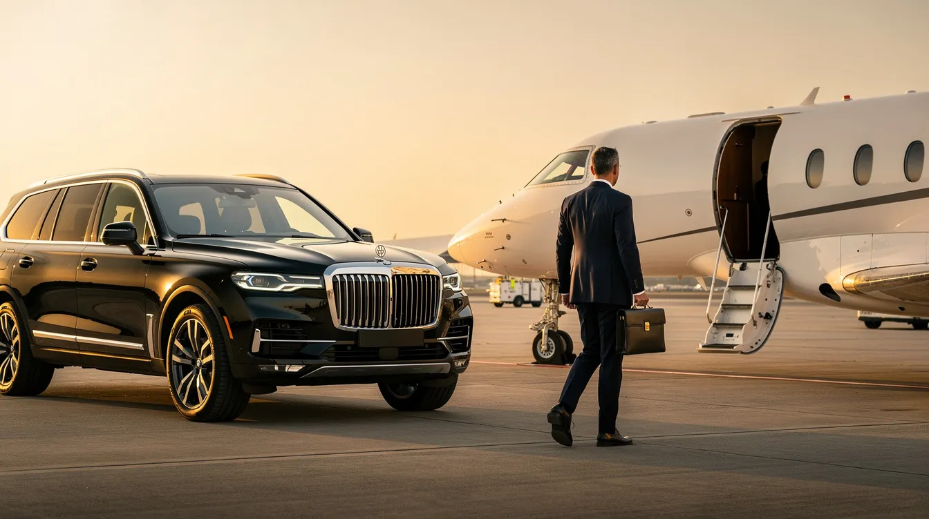 An executive confidently boards a luxurious private jet, accompanied by a discreet ground vehicle, showcasing the seamless mobility and tailored experience of aircraft ownership. This image highlights the elegance and efficiency of private jets, reflecting the value and benefits of global fleet options available for business leaders.
