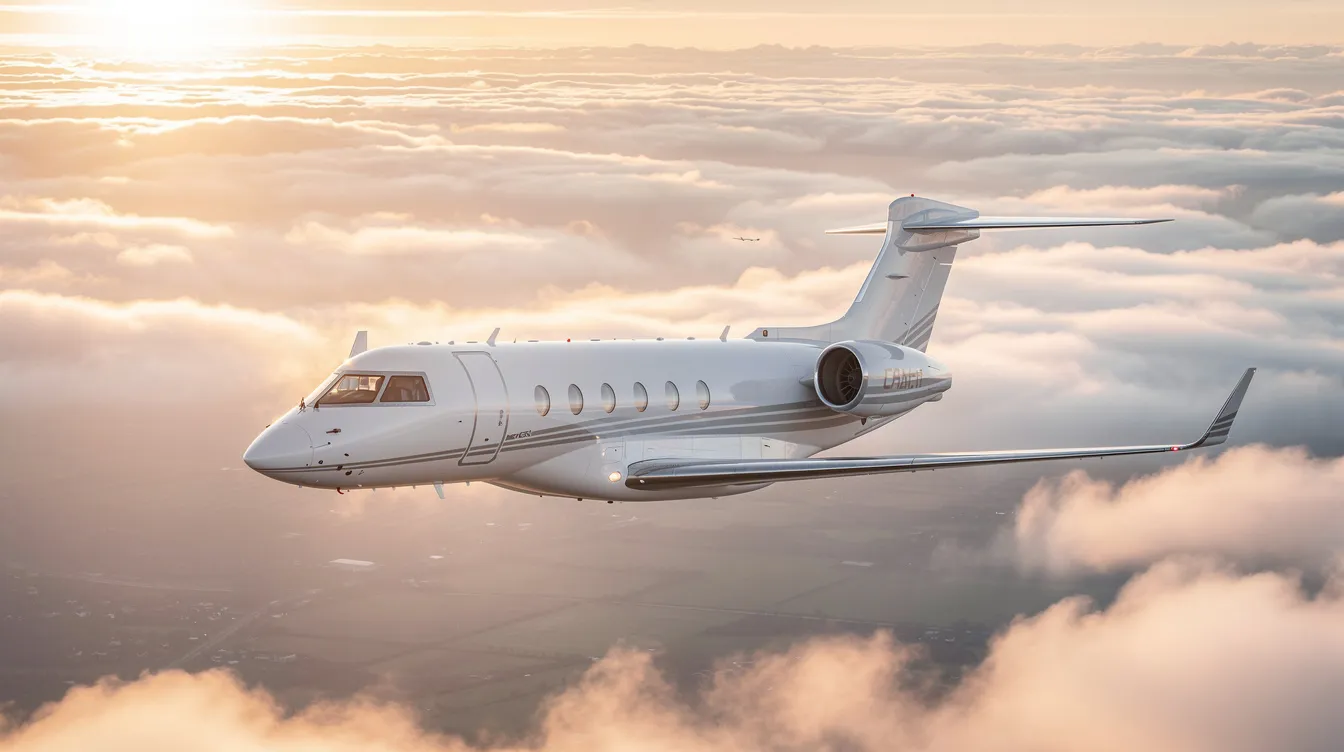 A private jet ascends through soft golden clouds at sunrise, surrounded by a serene sky filled with warm light. This image highlights the luxury and convenience of private jet travel, showcasing the elegance of flying above the world.