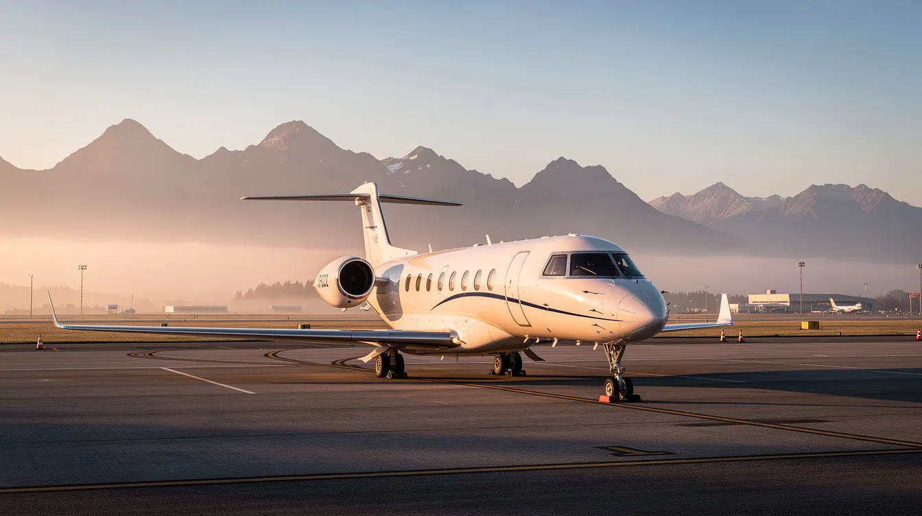A private jet is parked near a quiet runway, with majestic mountains visible in the distance, highlighting the luxury and convenience of private jet travel. This scene evokes the tranquility and exclusivity associated with private charter flights, perfect for leisure travel or business journeys.
