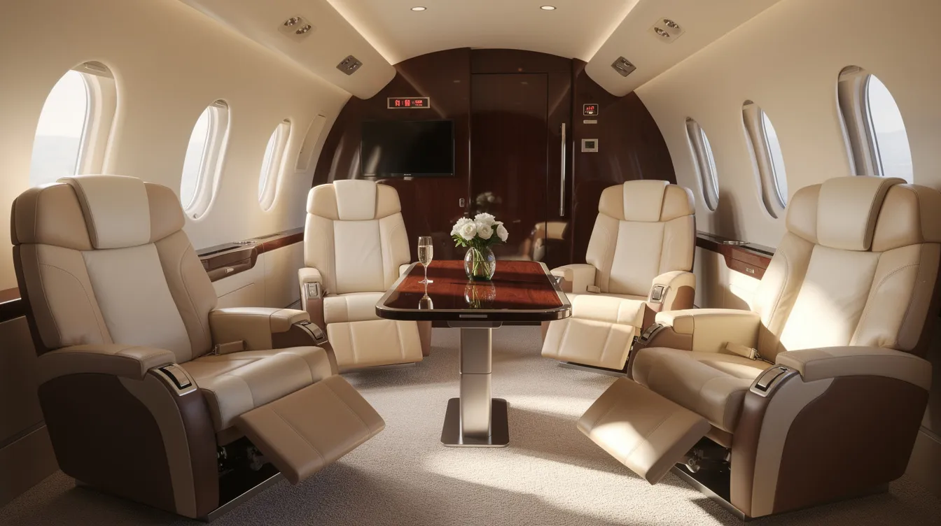 The image depicts an elegant private jet cabin featuring plush leather seats bathed in soft natural light, creating a luxurious atmosphere ideal for flying. This serene setting highlights the comfort and style that come with private jet ownership, making it an attractive option in the aircraft market.