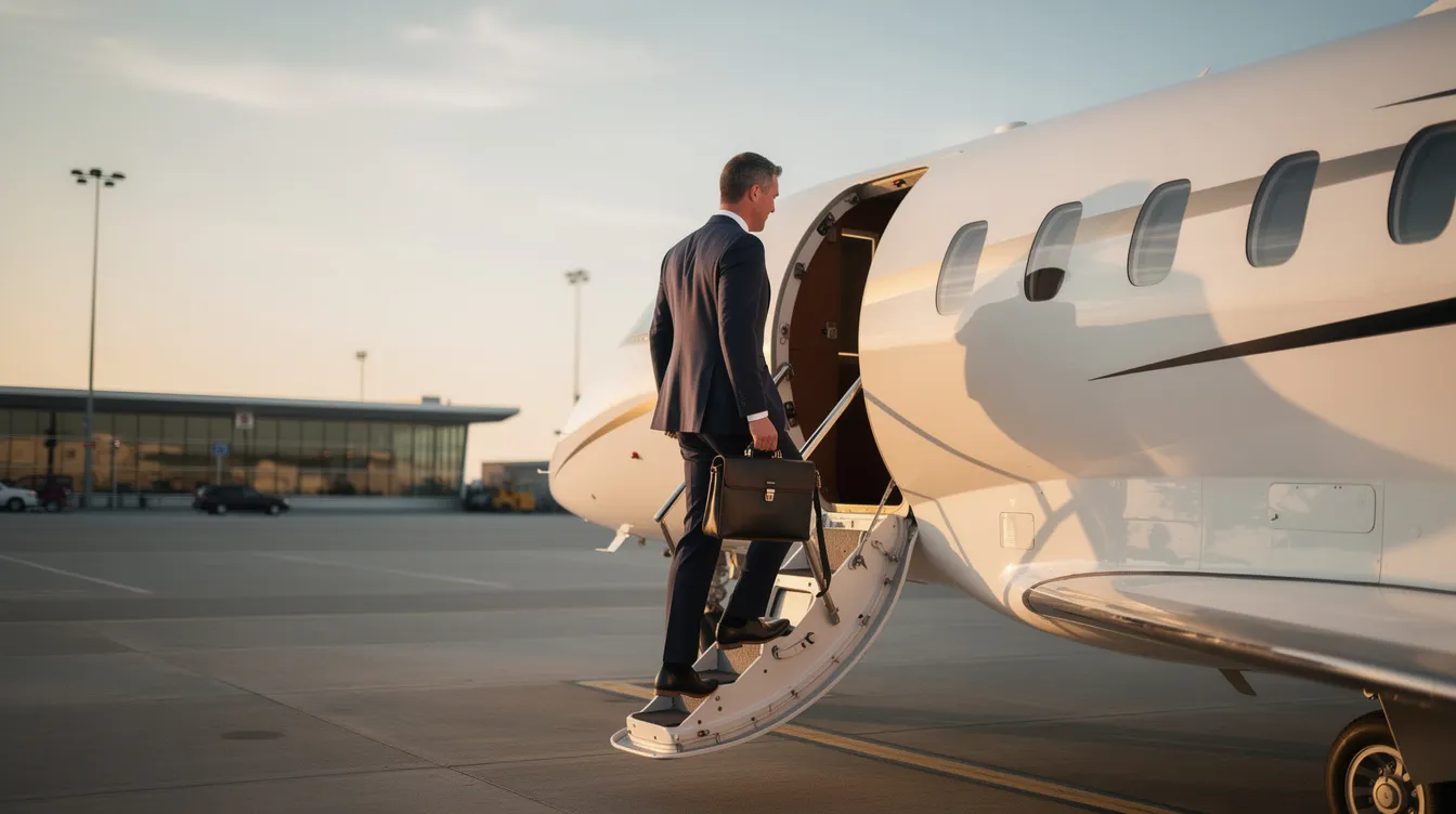 An executive dressed in a tailored suit is boarding a private jet at a quiet terminal, ready for a luxurious flight experience. The scene captures the elegance of business travel, highlighting the exclusive atmosphere of the private aircraft and its comfortable seats.