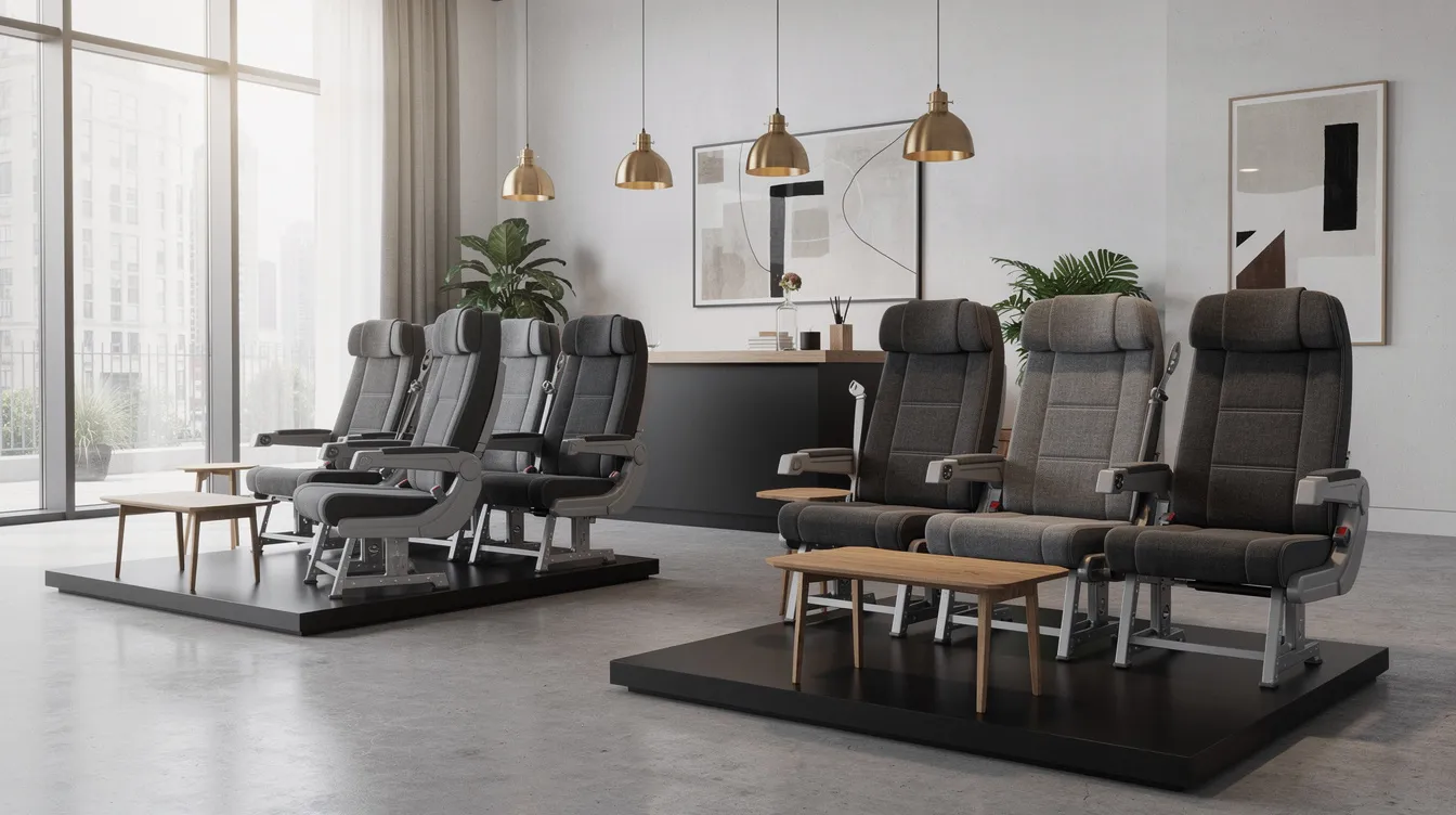 The image features upcycled aircraft seats arranged in a stylish modern lounge, showcasing both economy class and business class styles. These used aircraft seats are ready for sale, providing a unique seating experience for customers looking to buy and enjoy a piece of flight history.