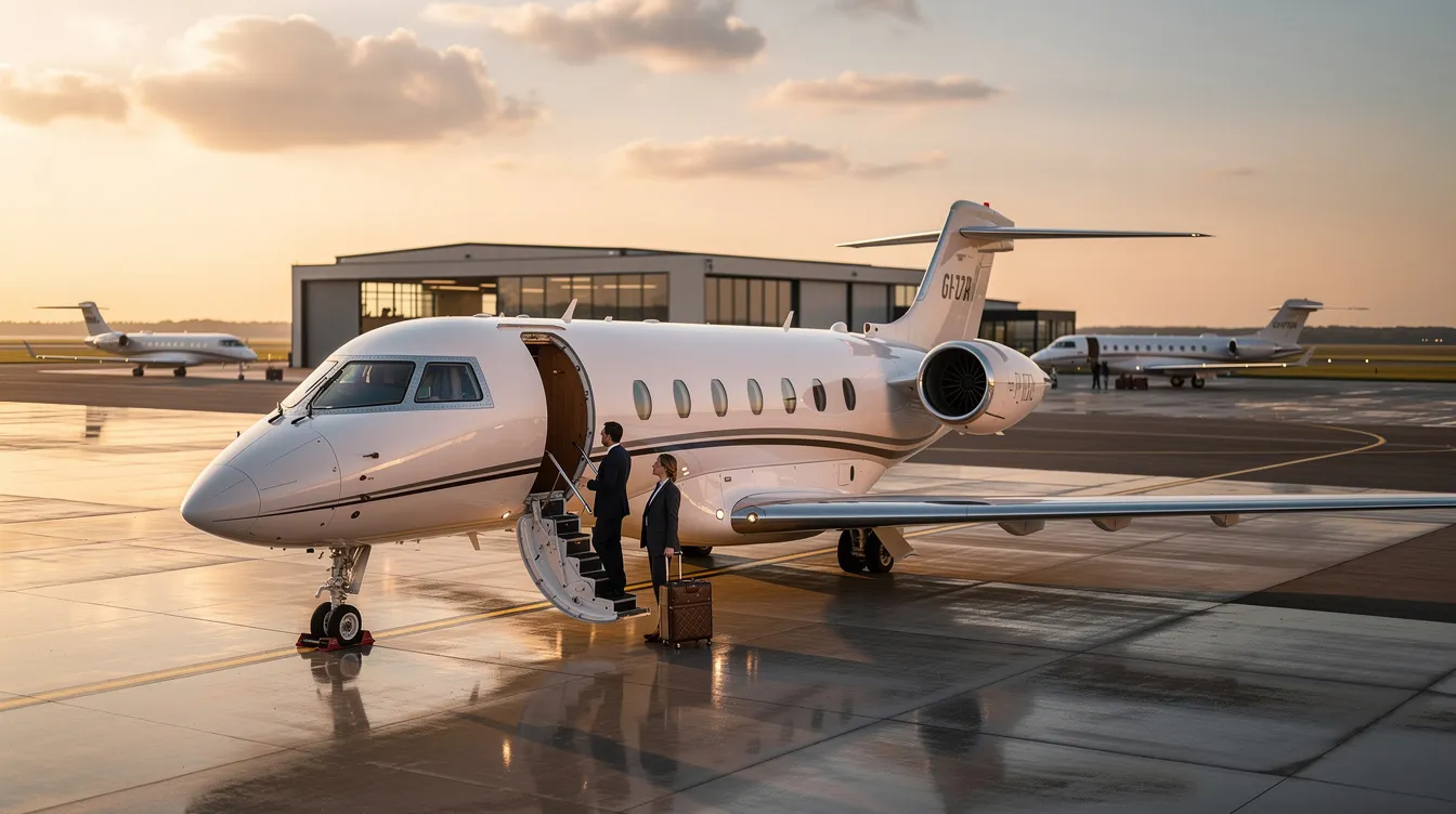 The image depicts a variety of private jets available in the private jet market, showcasing models like the Gulfstream and Cessna Citation. Each aircraft is highlighted with details about their specifications, maintenance reserves, and potential for private travel, appealing to serious buyers interested in purchasing a business aircraft.