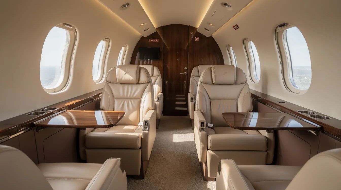 The image depicts a luxurious aircraft cabin featuring plush leather seats bathed in soft, natural window light, creating an inviting and elegant atmosphere. This upscale environment is designed for comfort and relaxation, perfect for travelers seeking a premium flying experience.