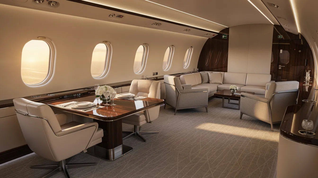 The image depicts a luxurious private jet cabin featuring a stylish dining table and comfortable lounge seating, showcasing the exceptional interior design of the Bombardier Global 7500. This refined space emphasizes business aviation with four true living spaces, perfect for both relaxation and meetings during flights.