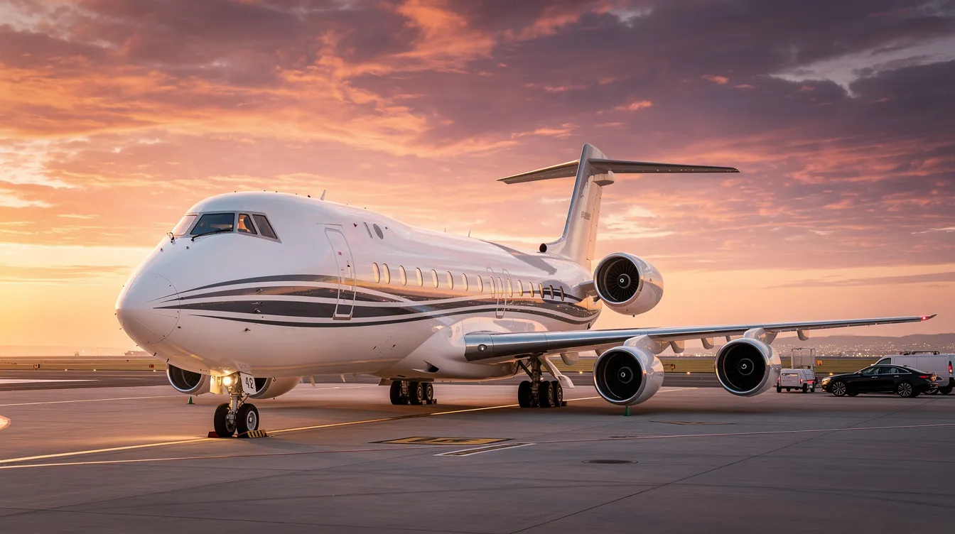 A Boeing 747-style private jet, recognized as the world's largest private jet, is parked on an executive ramp during a stunning sunset. The aircraft features an upper deck and spacious cabin, showcasing luxurious VIP configurations ideal for high-profile owners such as the Qatari royal family.
