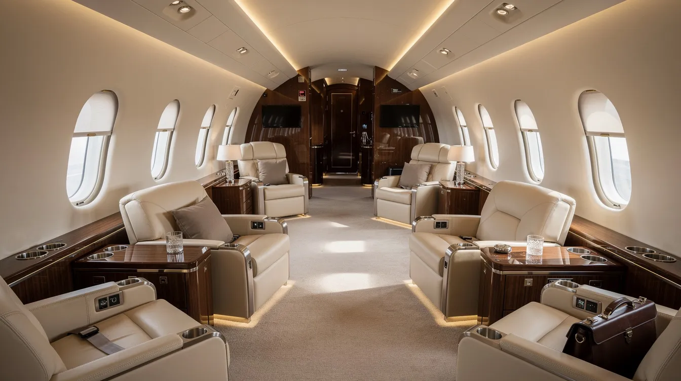 The image showcases the opulent interior of a Boeing 747 8 private jet cabin, featuring luxurious lounge seating and warm ambient lighting that emphasizes comfort and elegance. This spacious cabin, designed for high-profile passengers, exemplifies the capabilities of the world's largest private jet with VIP configurations and ample cabin space.