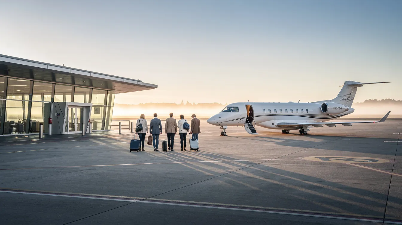 A small group of passengers is walking from a private terminal towards an Embraer 175 regional jet on a clear morning, ready to board for their mid-range flight. The aircraft features a comfortable cabin with options for both aisle and window seats, ensuring a pleasant flying experience.