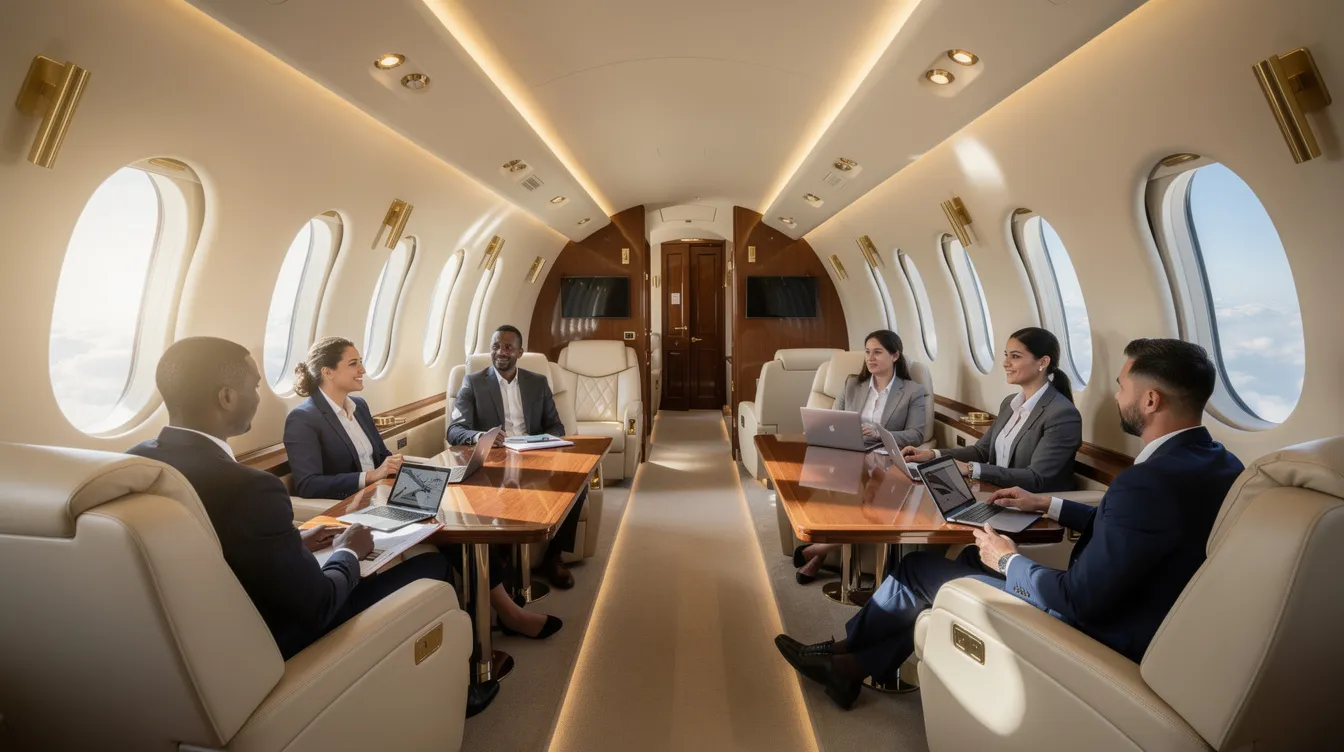 Inside a spacious private jet cabin, executives are seated comfortably, enjoying the view through large windows. The cabin features plush seats, power outlets, and ample space, providing a luxurious experience for passengers on mid-range flights.