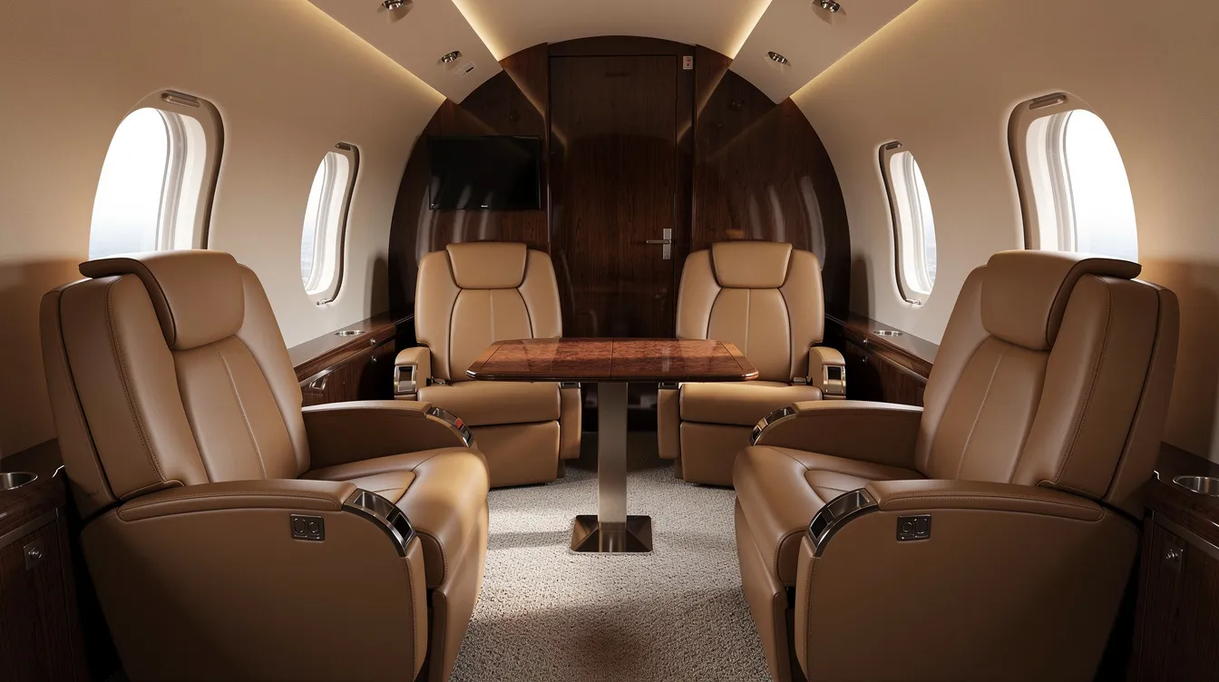 The image showcases a luxury private jet cabin featuring plush leather club seats and small windows, designed for comfort and elegance. This spacious interior can accommodate up to eight passengers, providing a refined atmosphere ideal for private jet charters.