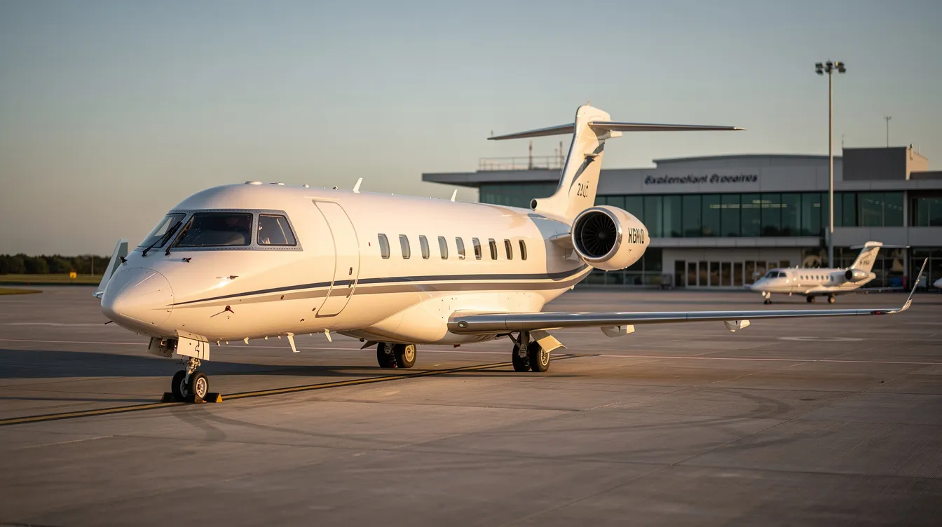 A private Embraer ERJ 135 regional jet is parked on a quiet executive airport apron, showcasing its sleek design and three abreast seating configuration. The aircraft, known for its increased fuel capacity and operational efficiency, sits ready for flight with its upgraded engines and spacious cabin.
