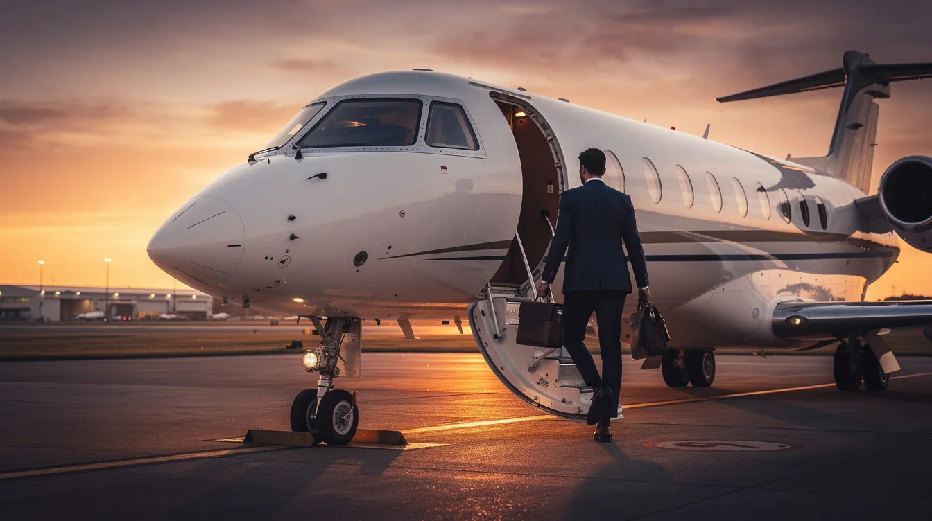 An executive traveler is seen boarding a private jet, specifically an Embraer ERJ 135, at sunset, with the warm glow of the sky reflecting off the aircraft's sleek surface. The scene captures the luxury and comfort associated with private aviation, highlighting the jet's spacious cabin designed for up to 37 passengers.