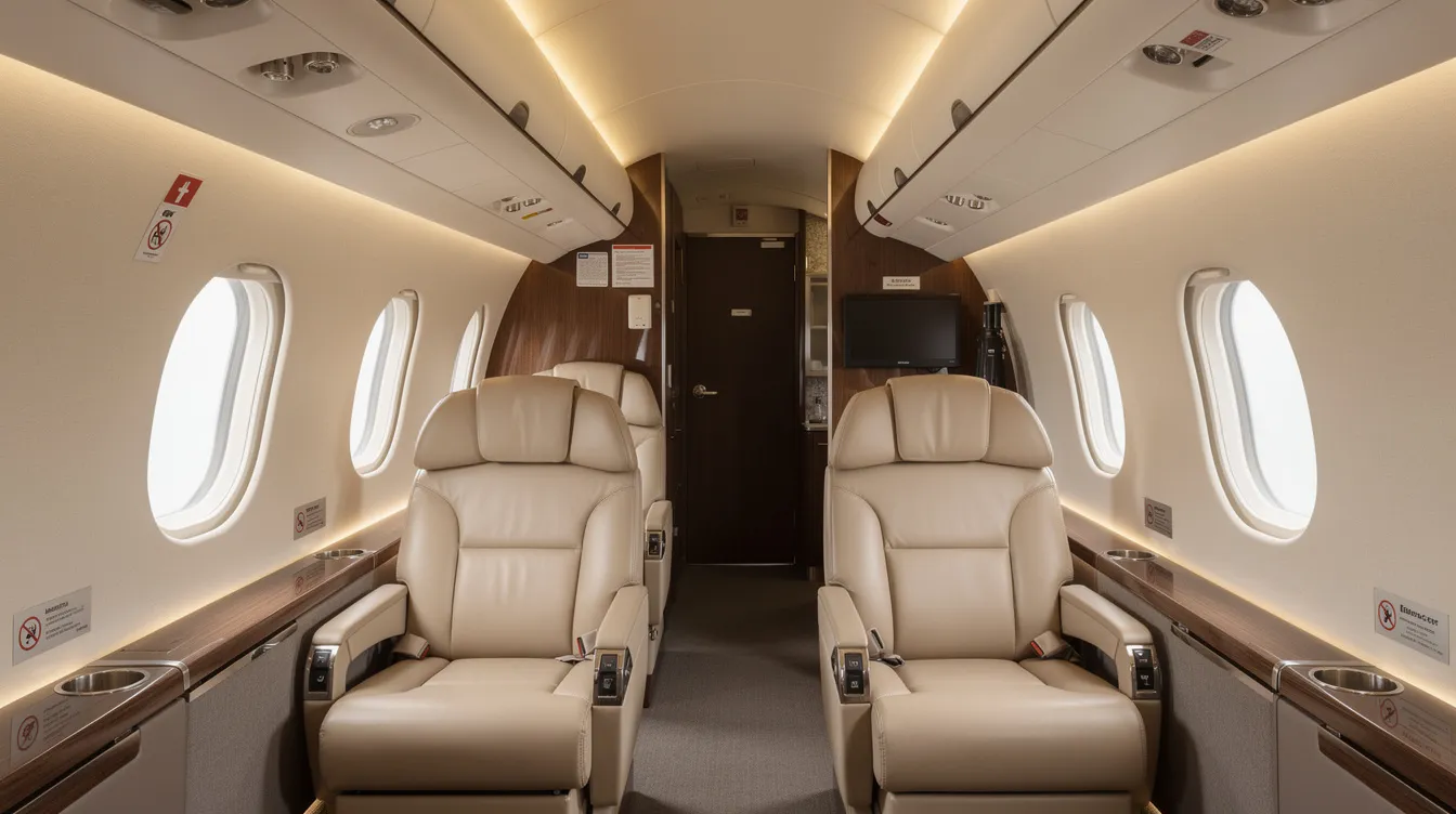 The image showcases the luxurious cabin of an Embraer ERJ 135 private shuttle, featuring spacious leather seats arranged in a three-abreast configuration, complemented by soft ambient lighting that enhances the flying experience. This elegant design reflects the operational efficiency and comfort that the Embraer family of aircraft is known for.