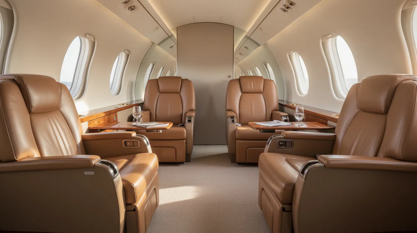 The image depicts a comfortable private aircraft cabin featuring luxurious leather club seating, designed to accommodate up to nine passengers, bathed in soft daylight that enhances the inviting atmosphere. This Beechcraft King Air 350 cabin emphasizes passenger comfort and is equipped for both leisure and special mission operations.