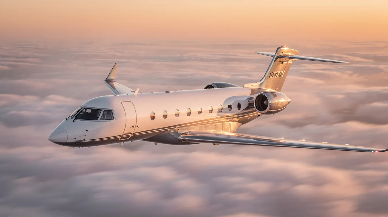 The image depicts a sleek private jet parked at an airport, showcasing its modern design and well-maintained exterior. This aircraft is ideal for travelers seeking cost-effective aircraft rental options for weekend getaways or cross-country flights, with various rental rates depending on the aircraft type and rental duration.