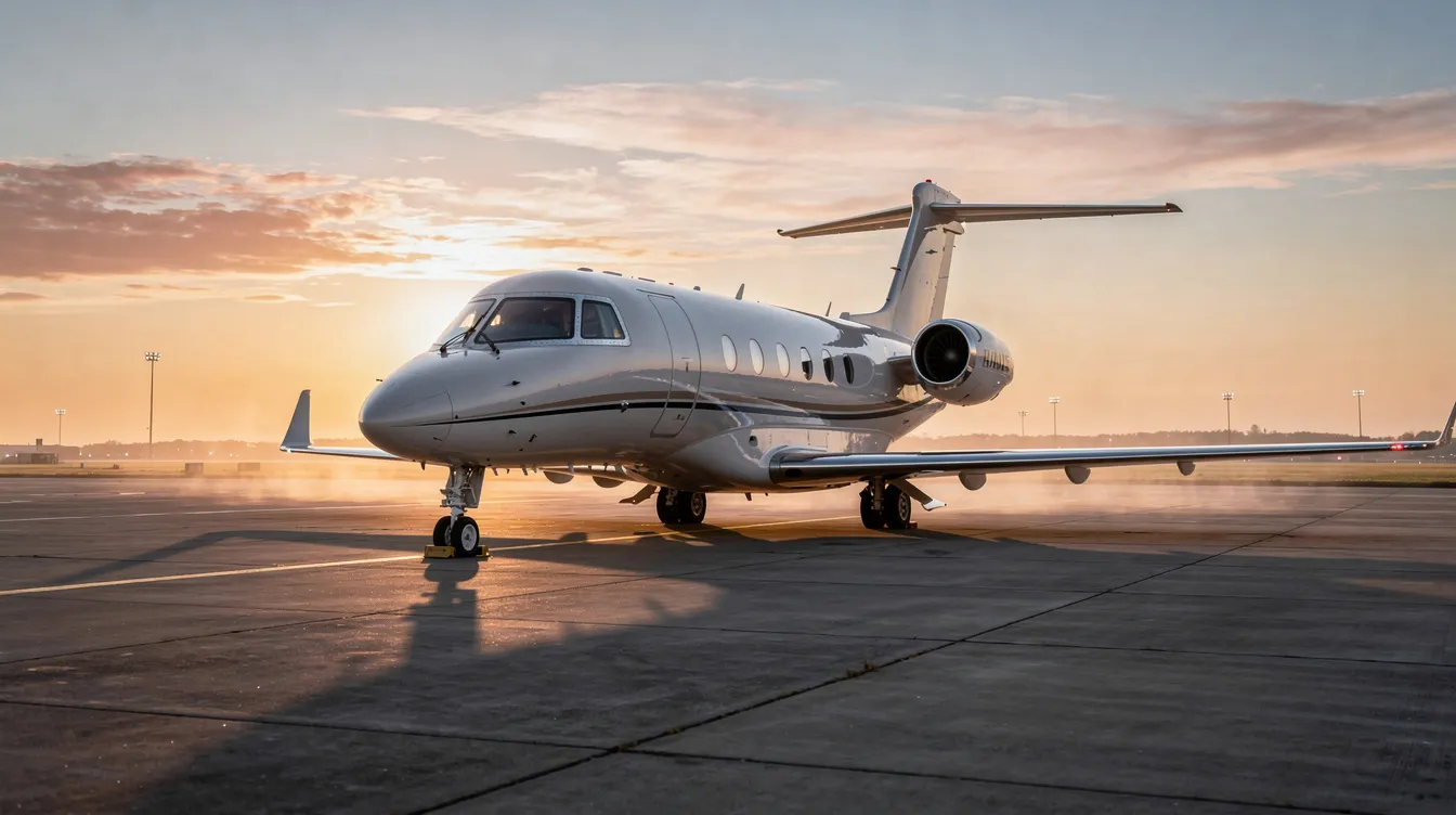 The image depicts a private aircraft parked on a tranquil ramp during sunrise, with soft light illuminating its well-maintained exterior. This serene setting highlights the appeal of aircraft rental for private pilots seeking a peaceful getaway or flight training opportunities.